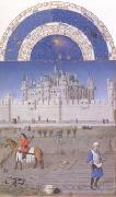 The medieval Louvre is in the background of the October calendar page (mk05), LIMBOURG brothers